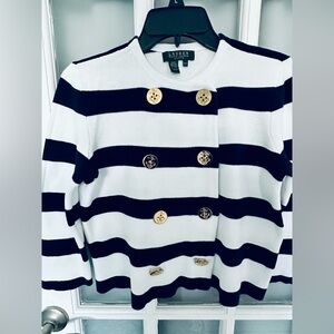 Ralph Lauren Navy & White Striped Double-Breasted Cardigan with Gold Buttons